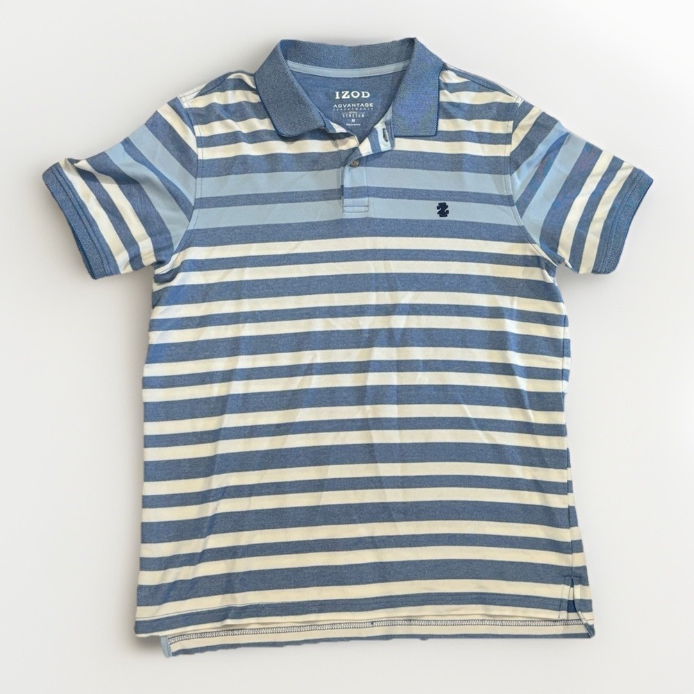 IZOD Men's Advantage Performance Short Sleeve Stripe Polo Size M Blue Stretch